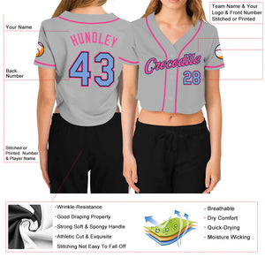 Custom Women's Gray Light Blue Black-Pink V-Neck Cropped Baseball Jersey