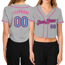 Load image into Gallery viewer, Custom Women&#39;s Gray Light Blue Black-Pink V-Neck Cropped Baseball Jersey
