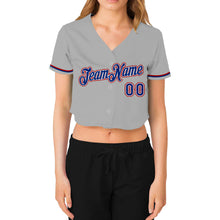 Load image into Gallery viewer, Custom Women&#39;s Gray Royal White-Red V-Neck Cropped Baseball Jersey
