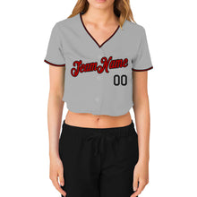 Load image into Gallery viewer, Custom Women&#39;s Gray Red-Black V-Neck Cropped Baseball Jersey
