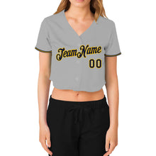 Load image into Gallery viewer, Custom Women&#39;s Gray Navy-Gold V-Neck Cropped Baseball Jersey
