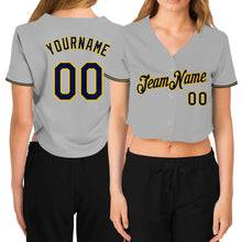 Load image into Gallery viewer, Custom Women&#39;s Gray Navy-Gold V-Neck Cropped Baseball Jersey
