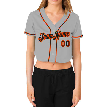 Custom Women's Gray Black-Orange V-Neck Cropped Baseball Jersey