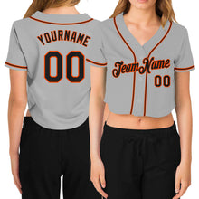 Load image into Gallery viewer, Custom Women&#39;s Gray Black-Orange V-Neck Cropped Baseball Jersey
