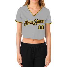 Load image into Gallery viewer, Custom Women&#39;s Gray Black-Gold V-Neck Cropped Baseball Jersey
