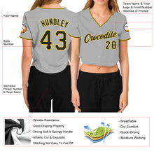 Load image into Gallery viewer, Custom Women&#39;s Gray Black-Gold V-Neck Cropped Baseball Jersey
