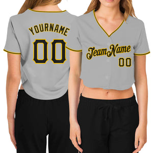 Custom Women's Gray Black-Gold V-Neck Cropped Baseball Jersey