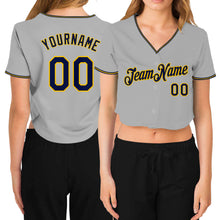 Load image into Gallery viewer, Custom Women&#39;s Gray Navy-Gold V-Neck Cropped Baseball Jersey
