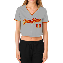 Load image into Gallery viewer, Custom Women&#39;s Gray Red-Gold V-Neck Cropped Baseball Jersey
