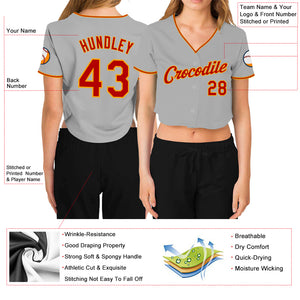 Custom Women's Gray Red-Gold V-Neck Cropped Baseball Jersey