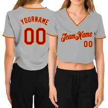 Load image into Gallery viewer, Custom Women&#39;s Gray Red-Gold V-Neck Cropped Baseball Jersey
