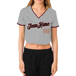 Custom Women's Gray Black Crimson-Cream V-Neck Cropped Baseball Jersey