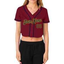 Load image into Gallery viewer, Custom Women&#39;s Crimson Navy-Gold V-Neck Cropped Baseball Jersey
