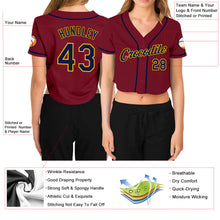 Load image into Gallery viewer, Custom Women&#39;s Crimson Navy-Gold V-Neck Cropped Baseball Jersey
