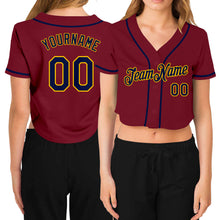 Load image into Gallery viewer, Custom Women&#39;s Crimson Navy-Gold V-Neck Cropped Baseball Jersey
