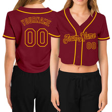 Load image into Gallery viewer, Custom Women&#39;s Crimson Crimson-Gold V-Neck Cropped Baseball Jersey
