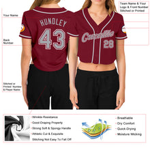 Load image into Gallery viewer, Custom Women&#39;s Crimson Gray-White V-Neck Cropped Baseball Jersey
