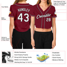 Load image into Gallery viewer, Custom Women&#39;s Crimson White-Black V-Neck Cropped Baseball Jersey
