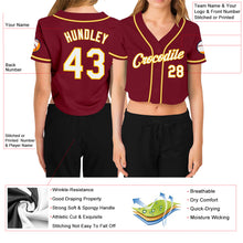 Load image into Gallery viewer, Custom Women&#39;s Crimson White-Gold V-Neck Cropped Baseball Jersey
