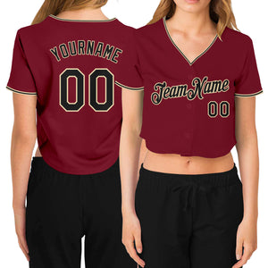 Custom Women's Crimson Black-Cream V-Neck Cropped Baseball Jersey