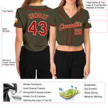Load image into Gallery viewer, Custom Women&#39;s Olive Red-Cream Salute To Service V-Neck Cropped Baseball Jersey
