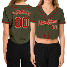 Load image into Gallery viewer, Custom Women&#39;s Olive Red-Cream Salute To Service V-Neck Cropped Baseball Jersey
