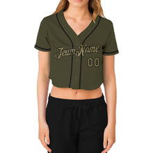 Load image into Gallery viewer, Custom Women&#39;s Olive Camo-Black Salute To Service V-Neck Cropped Baseball Jersey
