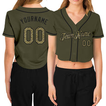 Load image into Gallery viewer, Custom Women&#39;s Olive Camo-Black Salute To Service V-Neck Cropped Baseball Jersey
