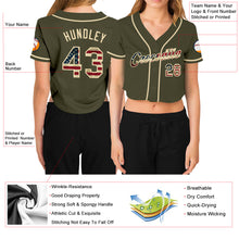 Load image into Gallery viewer, Custom Women&#39;s Olive Vintage USA Flag-Cream Salute To Service V-Neck Cropped Baseball Jersey
