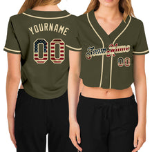 Load image into Gallery viewer, Custom Women&#39;s Olive Vintage USA Flag-Cream Salute To Service V-Neck Cropped Baseball Jersey
