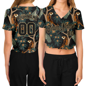 Custom Women's Black Black-Old Gold Tiger And Peacock 3D V-Neck Cropped Baseball Jersey