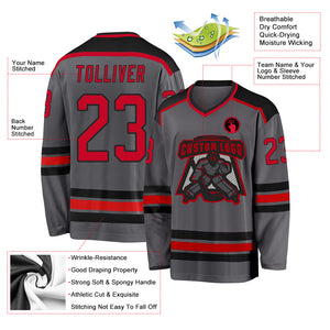 Custom Steel Gray Red-Black Hockey Jersey