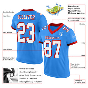 Custom Electric Blue White-Red Mesh Authentic Football Jersey