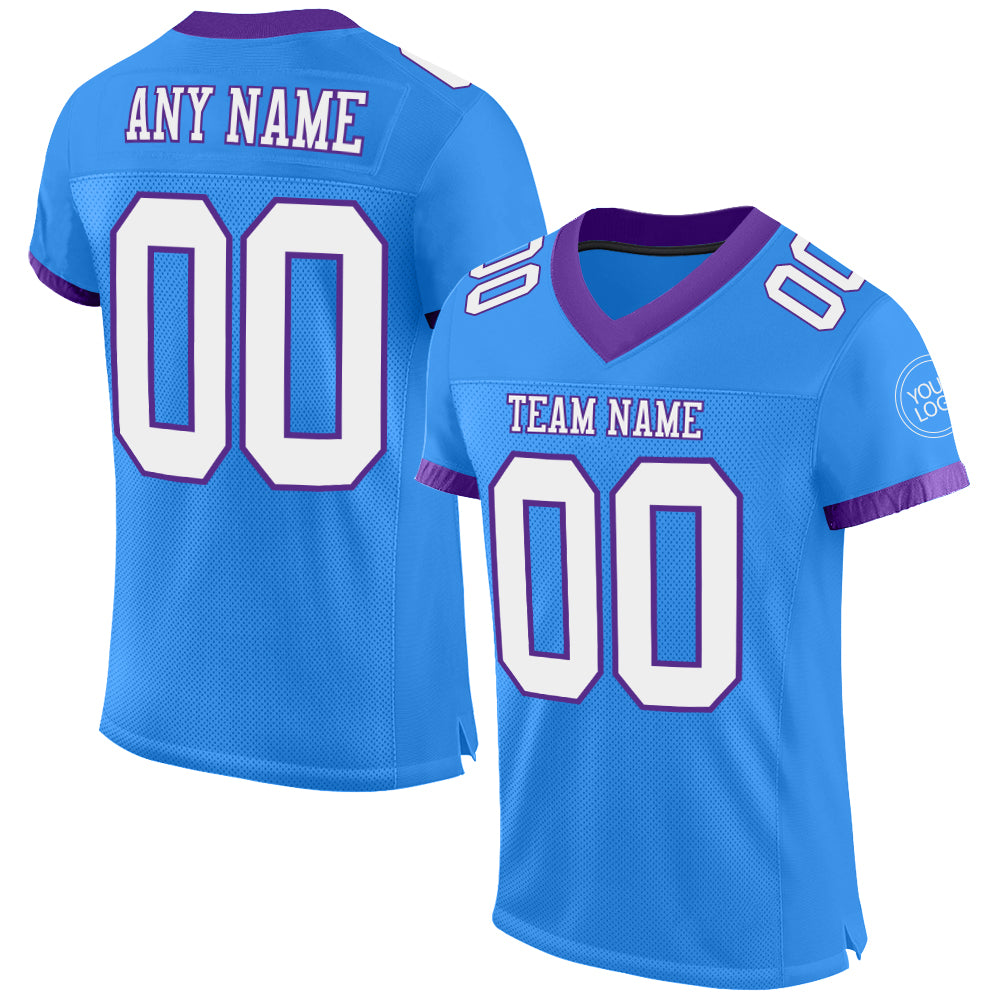 Custom Electric Blue White-Purple Mesh Authentic Football Jersey