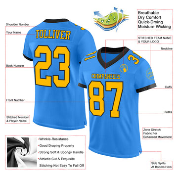 Custom Electric Blue Gold-Black Mesh Authentic Football Jersey