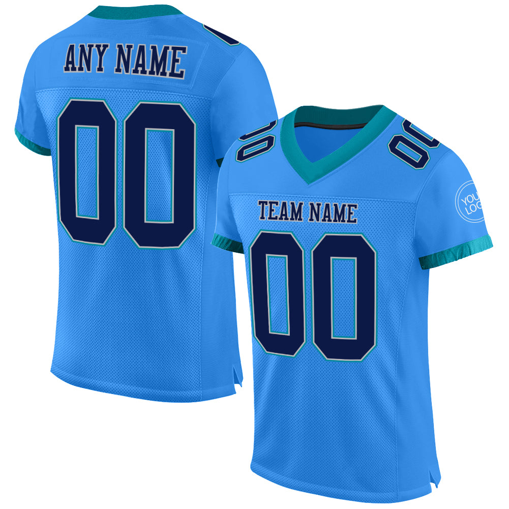 Custom Electric Blue Navy Gray-Teal Mesh Authentic Football Jersey