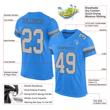 Custom Electric Blue Gray-Steel Gray Mesh Authentic Football Jersey
