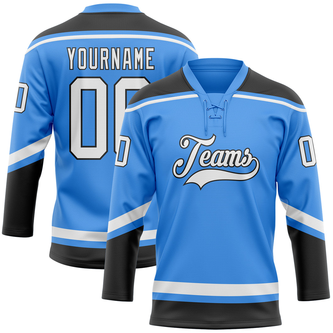 Custom Electric Blue White-Black Hockey Lace Neck Jersey