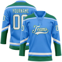 Load image into Gallery viewer, Custom Powder Blue White-Kelly Green Hockey Lace Neck Jersey
