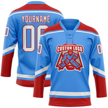 Load image into Gallery viewer, Custom Electric Blue White-Red Hockey Lace Neck Jersey
