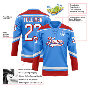 Custom Electric Blue White-Red Hockey Lace Neck Jersey