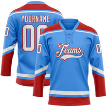 Load image into Gallery viewer, Custom Electric Blue White-Red Hockey Lace Neck Jersey
