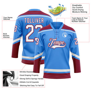 Custom Electric Blue White-Maroon Hockey Lace Neck Jersey