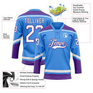 Custom Electric Blue White-Purple Hockey Lace Neck Jersey