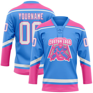 Custom Electric Blue White-Pink Hockey Lace Neck Jersey