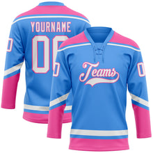 Load image into Gallery viewer, Custom Electric Blue White-Pink Hockey Lace Neck Jersey
