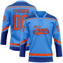 Load image into Gallery viewer, Custom Powder Blue Orange-Royal Hockey Lace Neck Jersey
