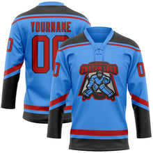 Load image into Gallery viewer, Custom Electric Blue Red-Black Hockey Lace Neck Jersey
