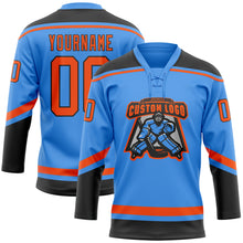 Load image into Gallery viewer, Custom Electric Blue Orange-Black Hockey Lace Neck Jersey
