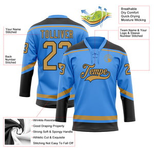 Custom Electric Blue Old Gold-Black Hockey Lace Neck Jersey